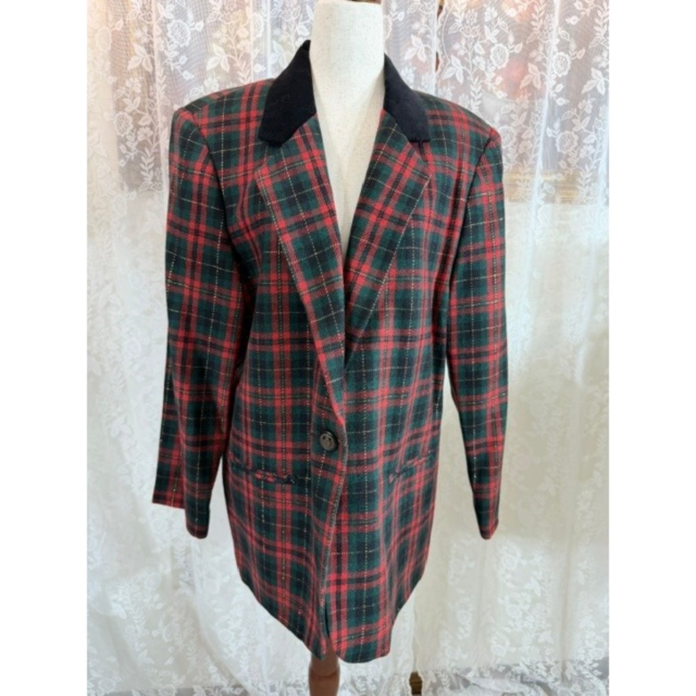 Sag Harbor Petite Vintage Plaid Blazer Red Green Gold Metallic Velvet Collar 12P